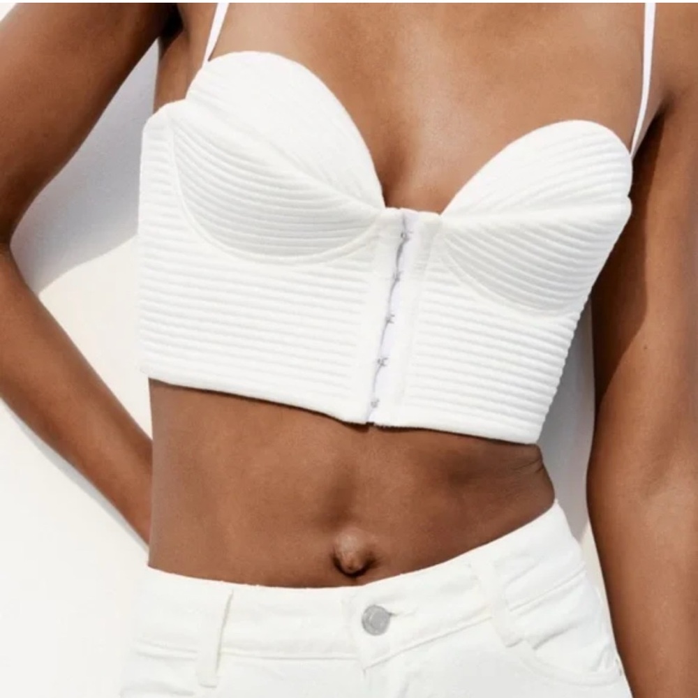 White Ribbed Bustier Crop Top with Hook Closure